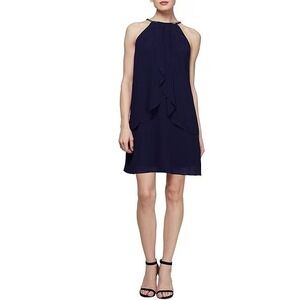 SLNY Dress Size 12 Halter Short Cocktail Evening A-Line Silhouette Navy Blue